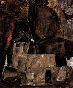 Egon Schiele, Mauer und Haus vor hugligem Gelande mit Zaun